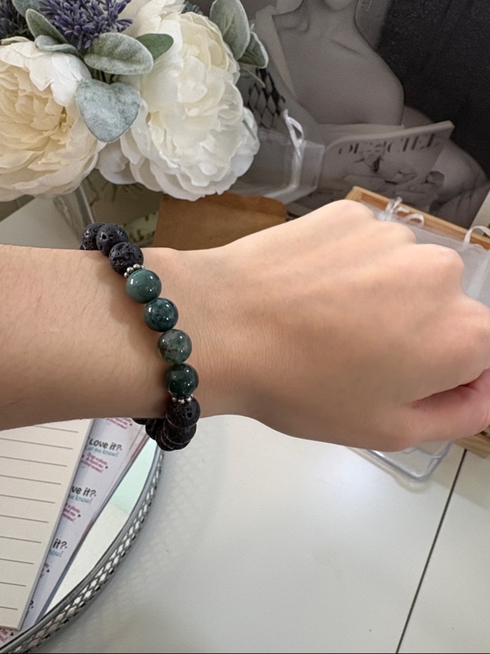Men's Green Stone & Black Lava Bead Bracelet